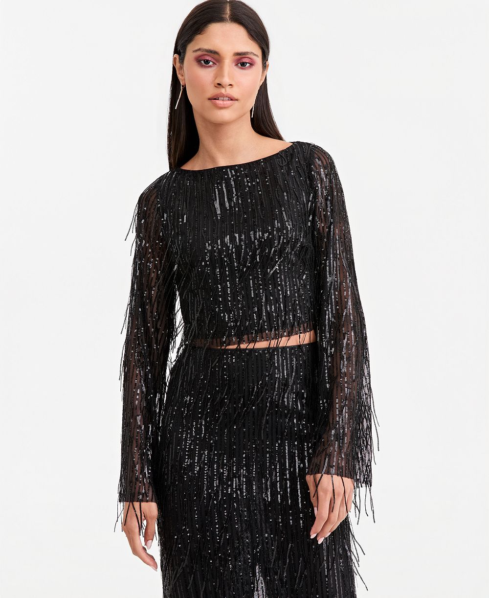 LAPOINTE | Macy's Women's Long-Sleeve Semi-Sheer Cropped Sequin Fringe Top, Macy's Exclusive