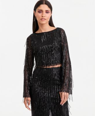 LAPOINTE | Macy's Women's Long-Sleeve Semi-Sheer Cropped Sequin Fringe Top, Macy's Exclusive