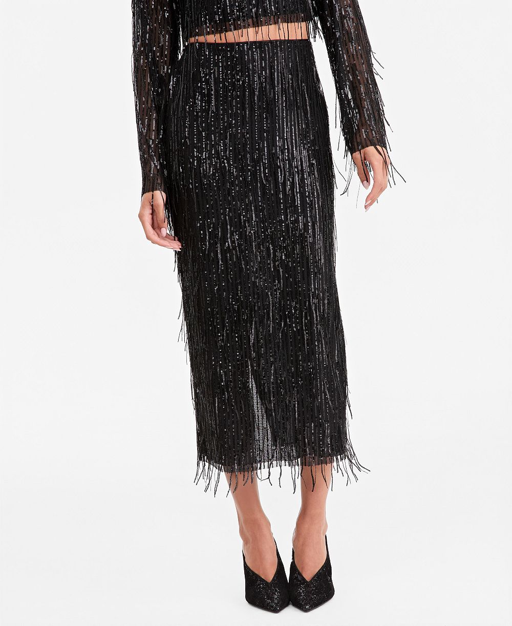 LAPOINTE | Macy's Women's High-Rise Sequin Fringe Side-Slit Midi Skirt, Macy's Exclusive