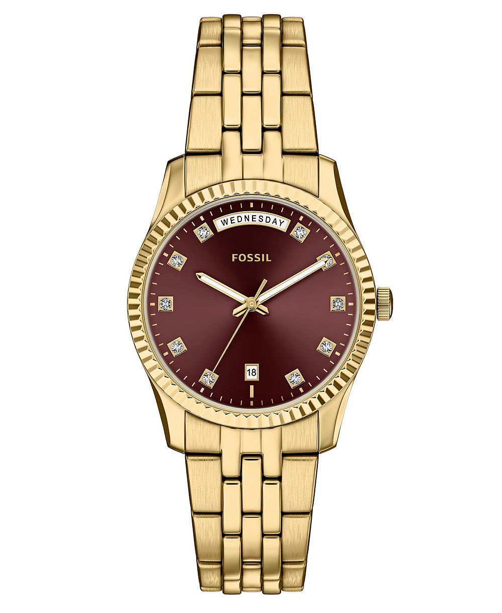 Fossil Women's Scarlette Three-Hand Day-Date Gold-Tone Stainless Steel Watch 34mm