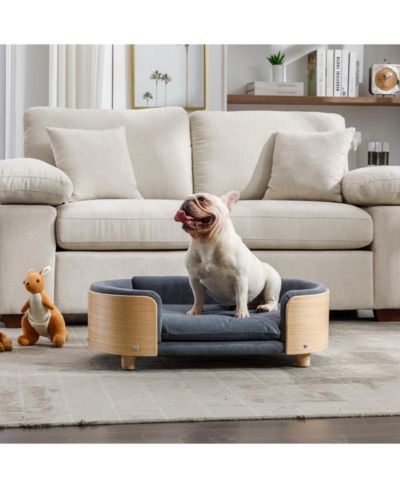 6thdruple Mid-Century Wooden Pet Bed with Light Velvet Cushion