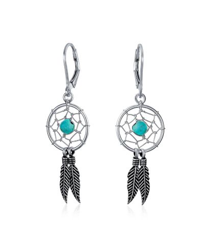 Bling Jewelry Green Turquoise Dream Catcher Feather Dangle Earrings .925 Sterling Silver