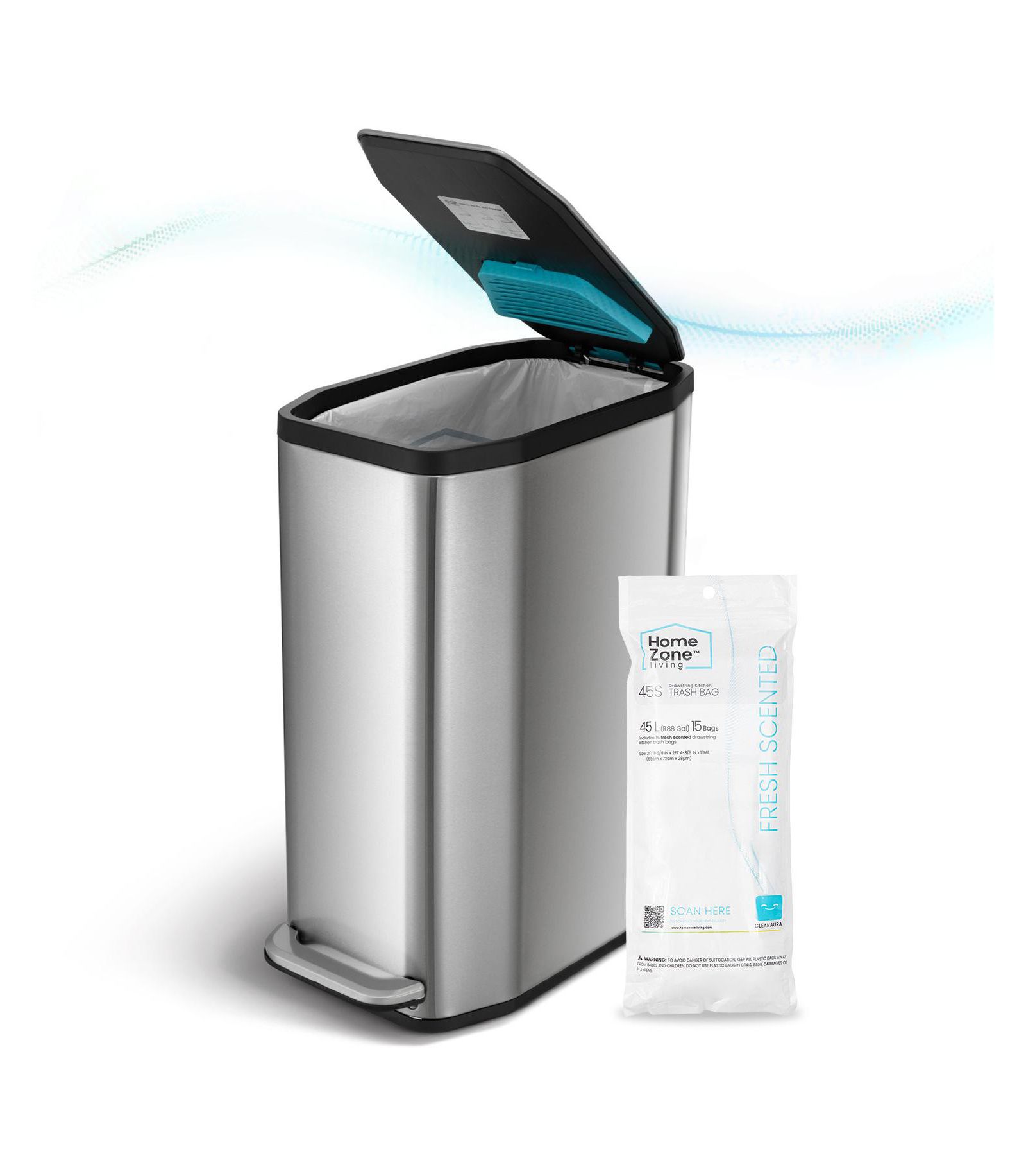 Home Zone Living 13 Gallon Slim Stainless Steel Kitchen Trash Can with Clean Aura Odor Control and Soft Close Lid
