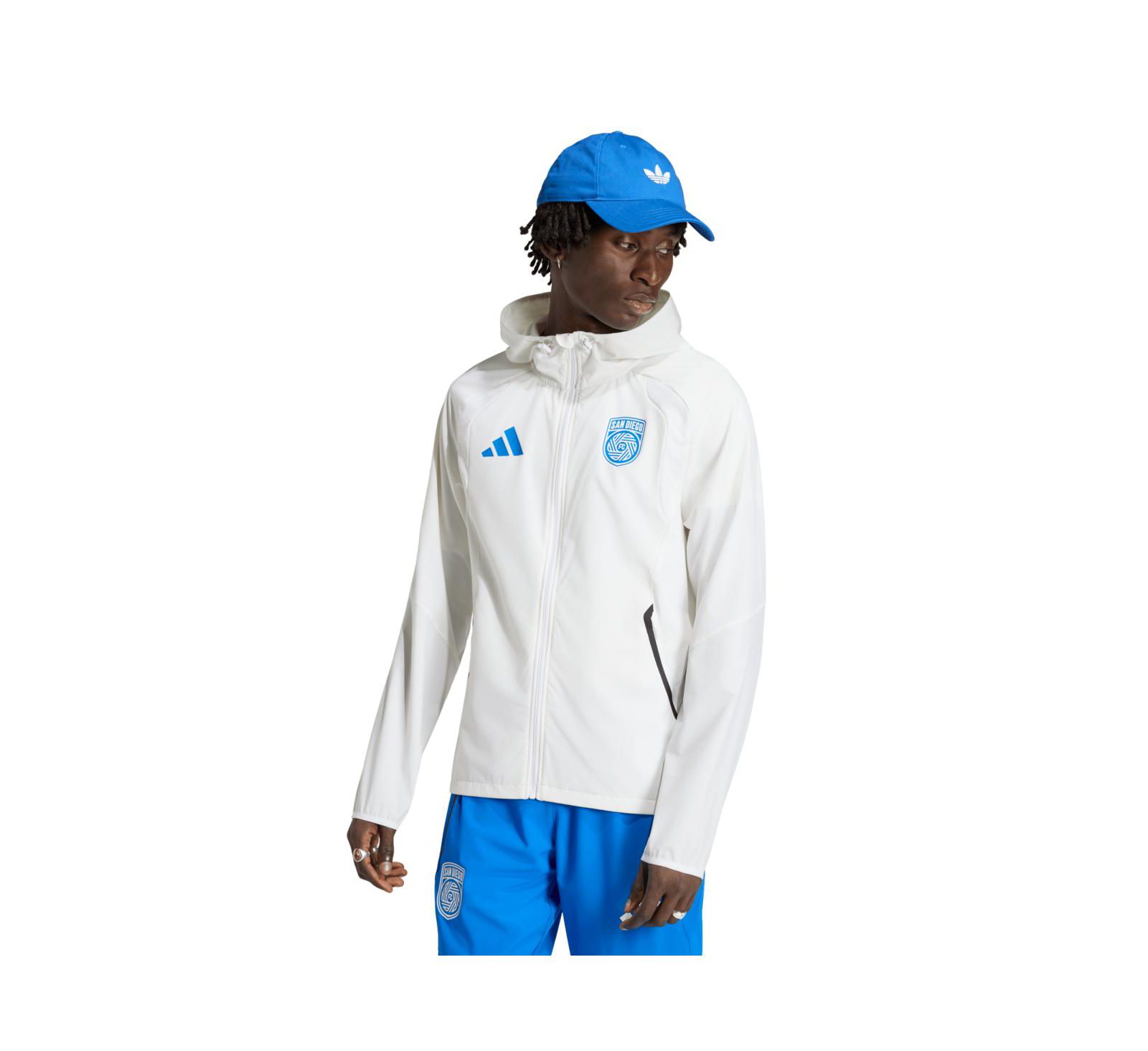 Adidas Men's White San Diego FC Tiro Travel Full-Zip Hooded Windbreaker