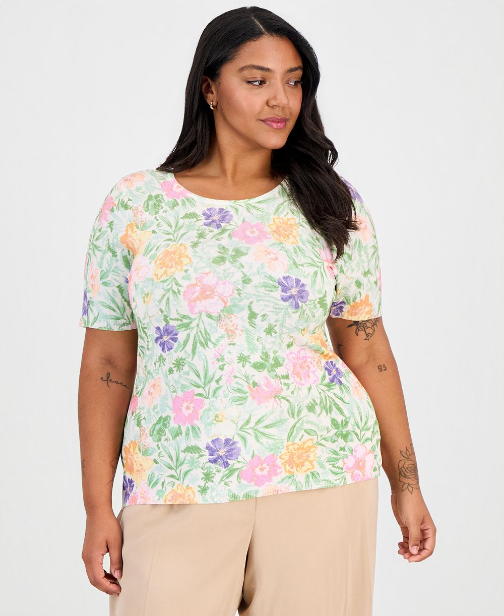 Tahari ASL Plus Size Printed Short-Sleeve Sweater