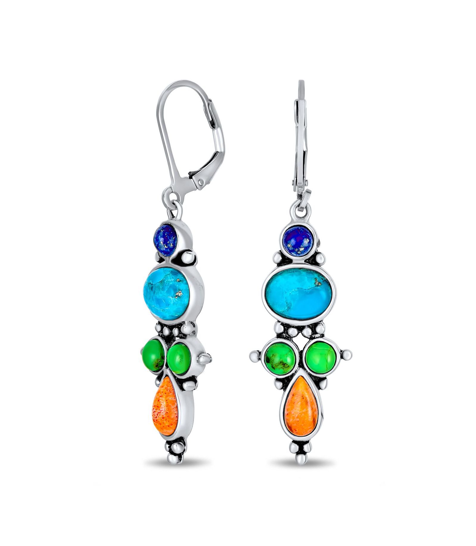 Bling Jewelry Western Style Multicolor Stones Lapis Turquoise Coral Dangle Earrings .925 Sterling Silver Lever Back