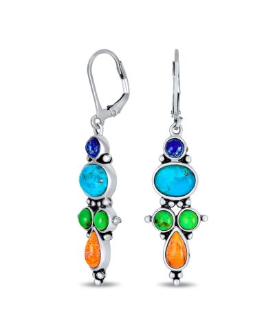 Bling Jewelry серьги-капли в западном стиле с разноцветными камнями, лазуритом, бирюзой и кораллом, на застежке-рыбке из стерлингового серебра 925 пробы