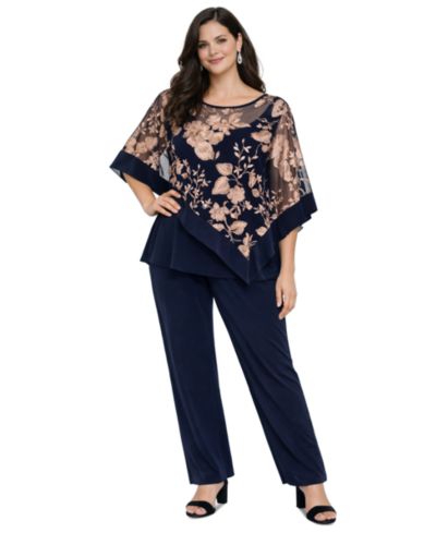 R & M Richards Petite Floral Embroidered Poncho Top and Pants, 2-Piece Set