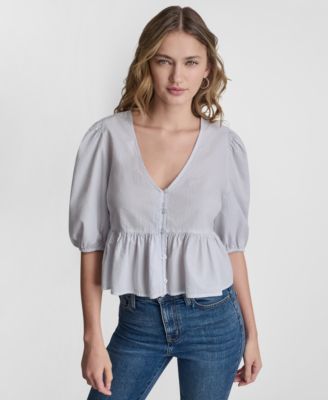 DKNY Jeans Petite Puff-Sleeve V-Neck Top