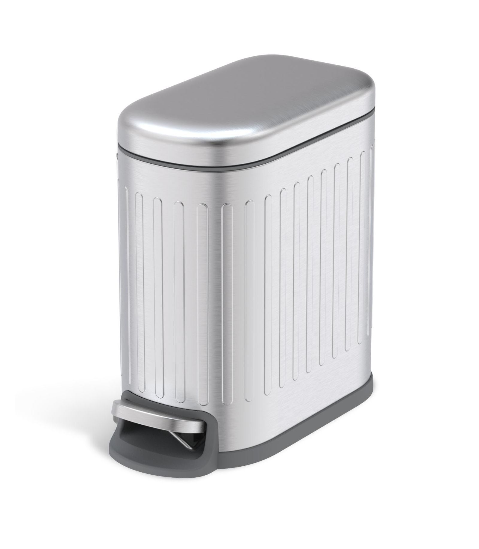 Home Zone Living 1.3 Gallon Slim Stainless Steel Small Trash Can with Reeded Pattern, Step Pedal and Soft-Close Lid, Silver