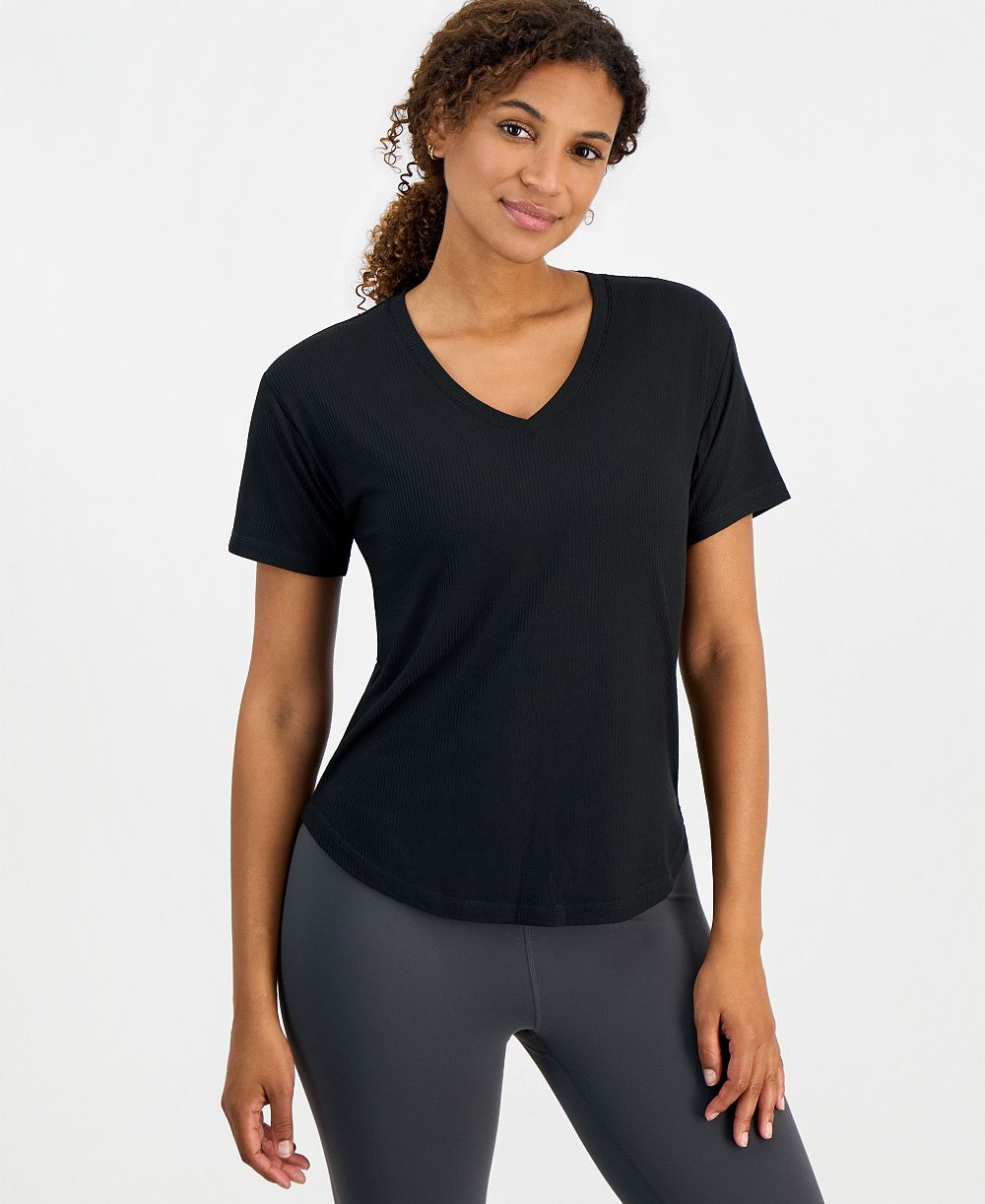 ID Ideology Women's Ribbed Relaxed-Fit V-Neck Tee, Macy's Exclusive