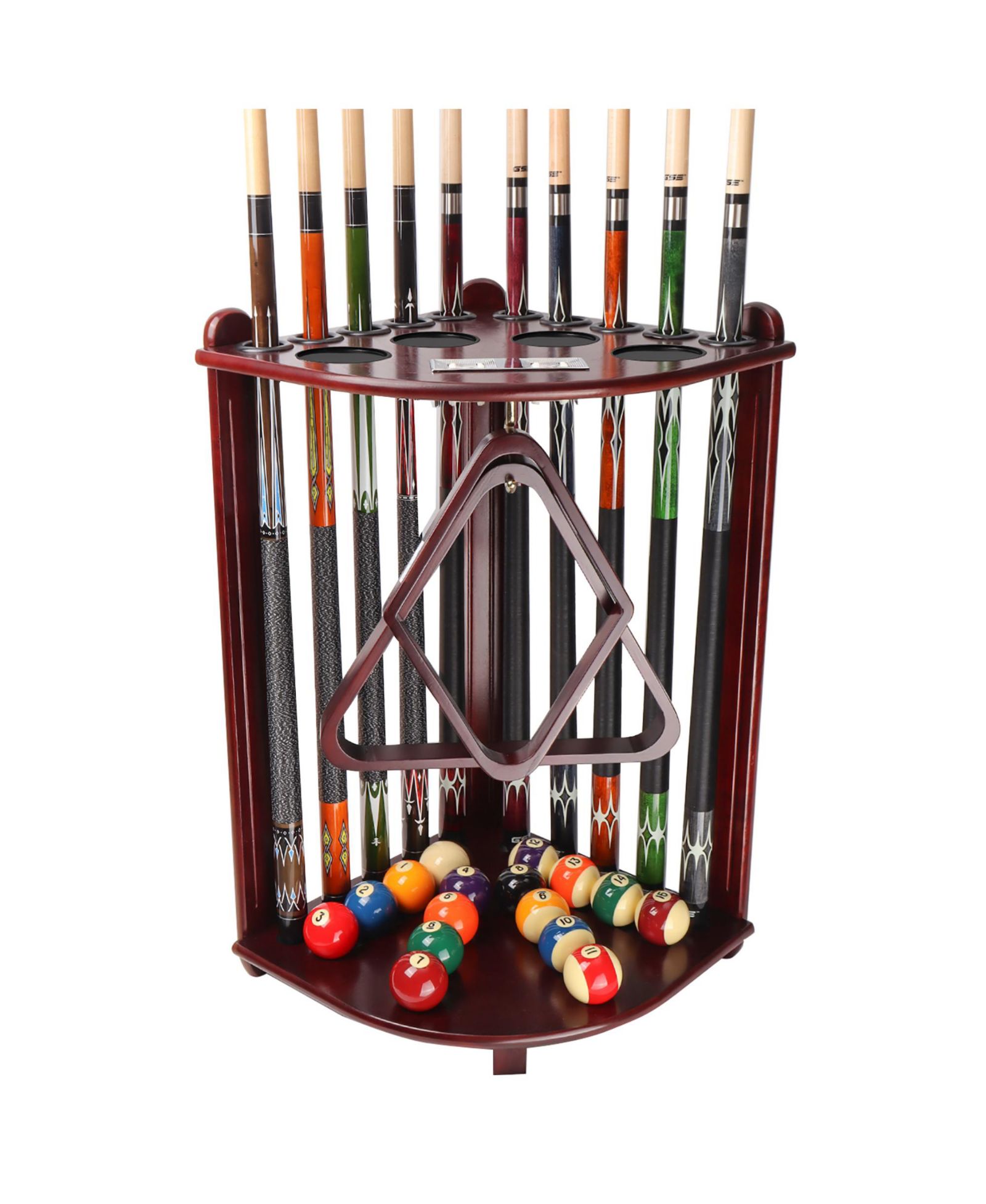 GSE Games & Sports Expert Wood 10 Corner Style Pool Cue Rack with Score Counter, Metal Hook, and Drink Holders