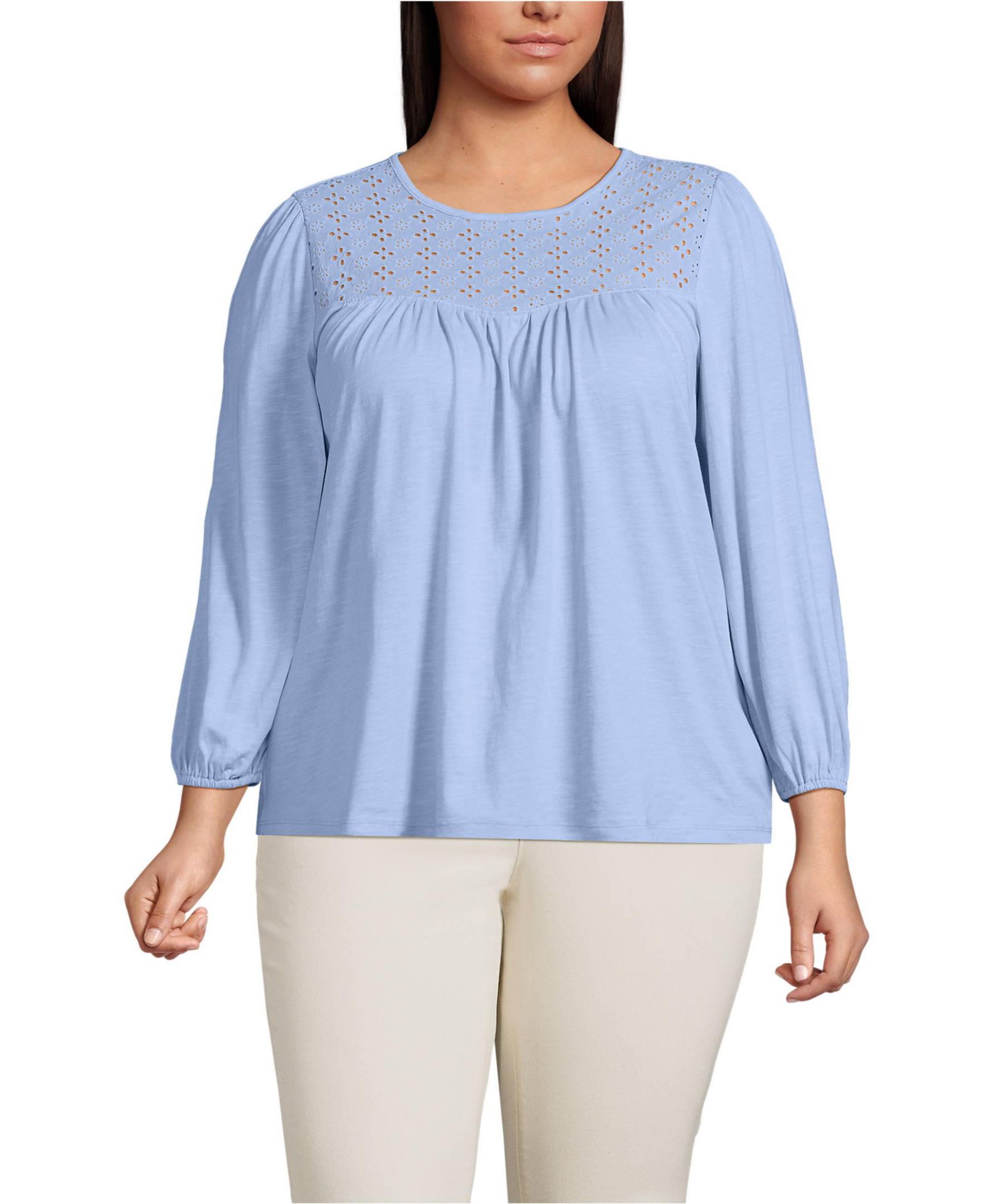Lands' End Plus Size струящийся топ с рукавом 3/4 и вышивкой