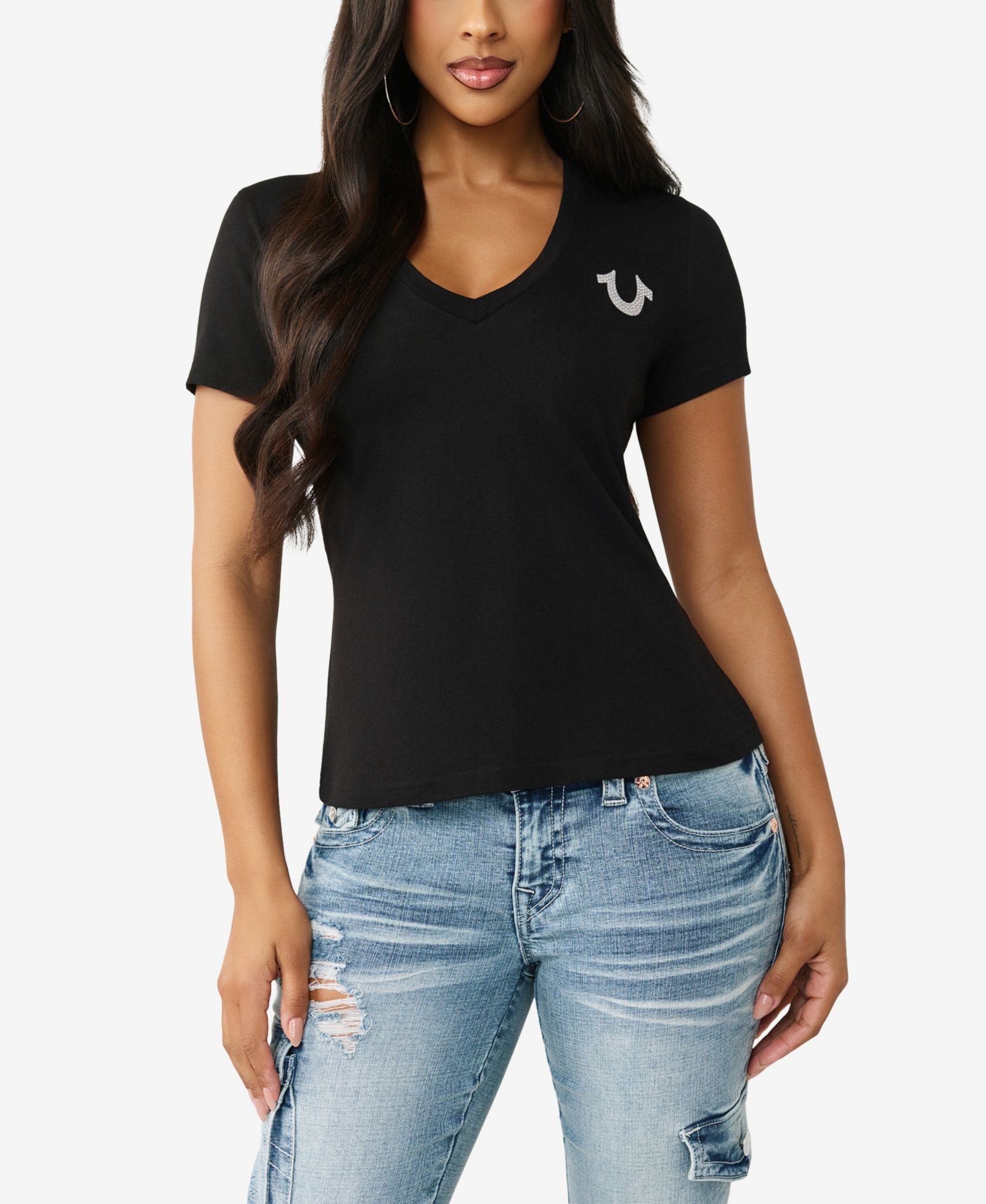 True Religion Women's Crystal Buddha V-Neck T-Shirt