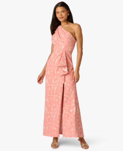 Adrianna Papell Petite One-Shoulder Floral Jacquard Draped Gown