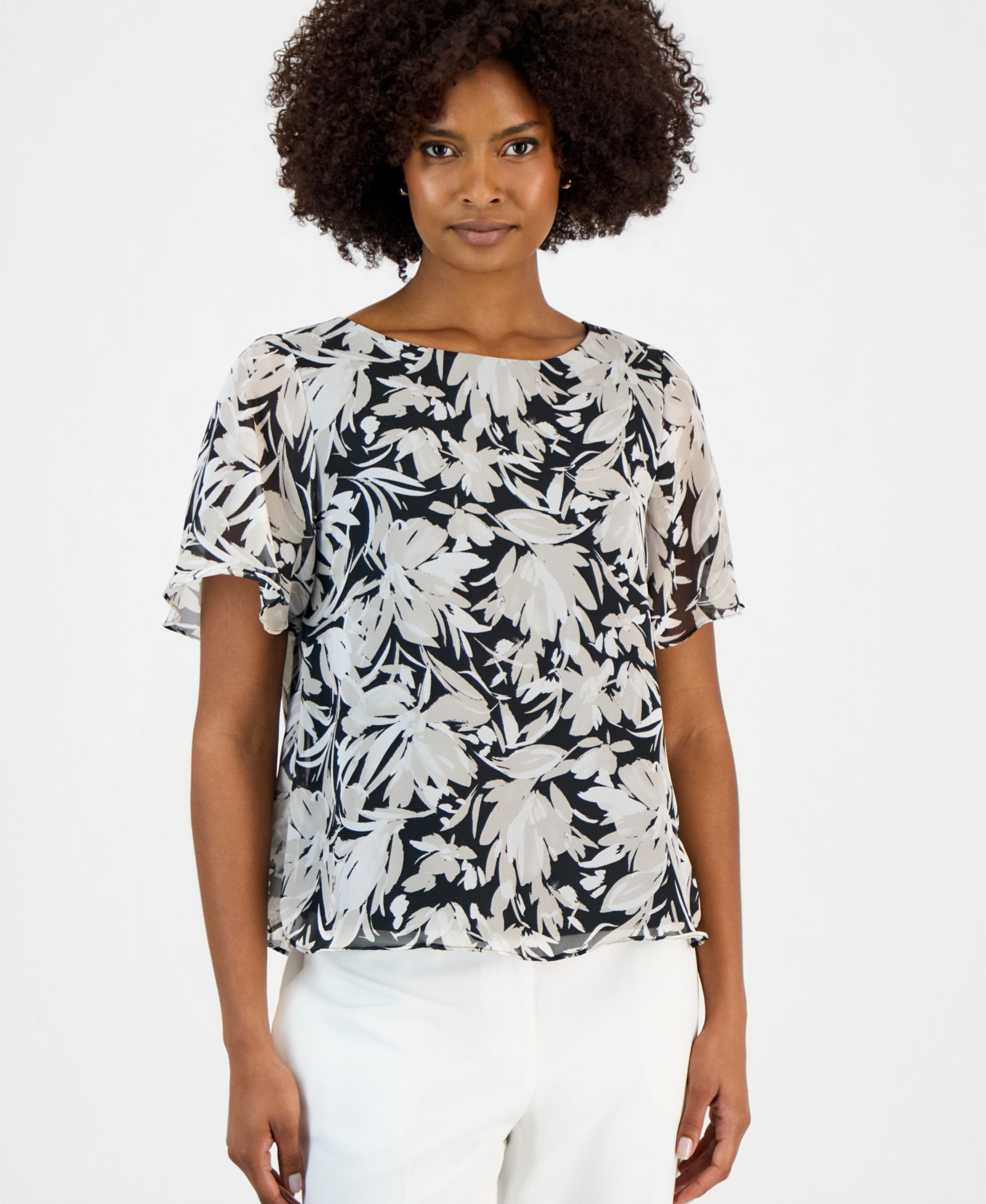 Kasper Petite Printed Short-Sleeve Blouse