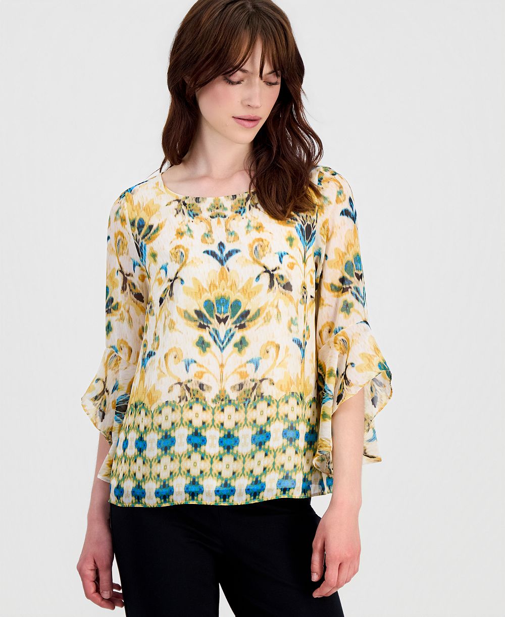 Kasper Petite Ruffle-Sleeve Boat Neck Polyester Top