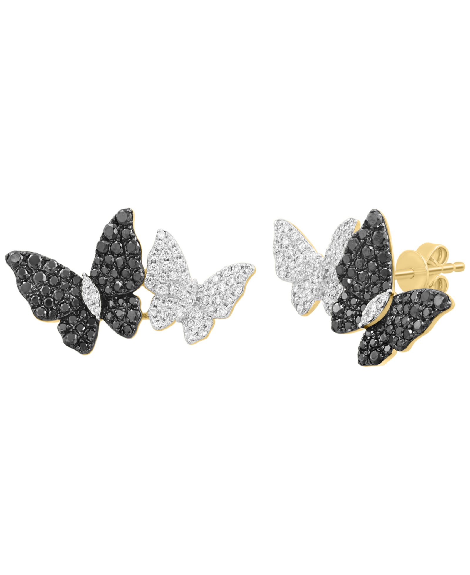 EFFY Collection White Diamond (3/8 ct. t.w.) and Black Diamond (5/8 ct. t.w.) Butterfly Earrings in 14k Yellow Gold