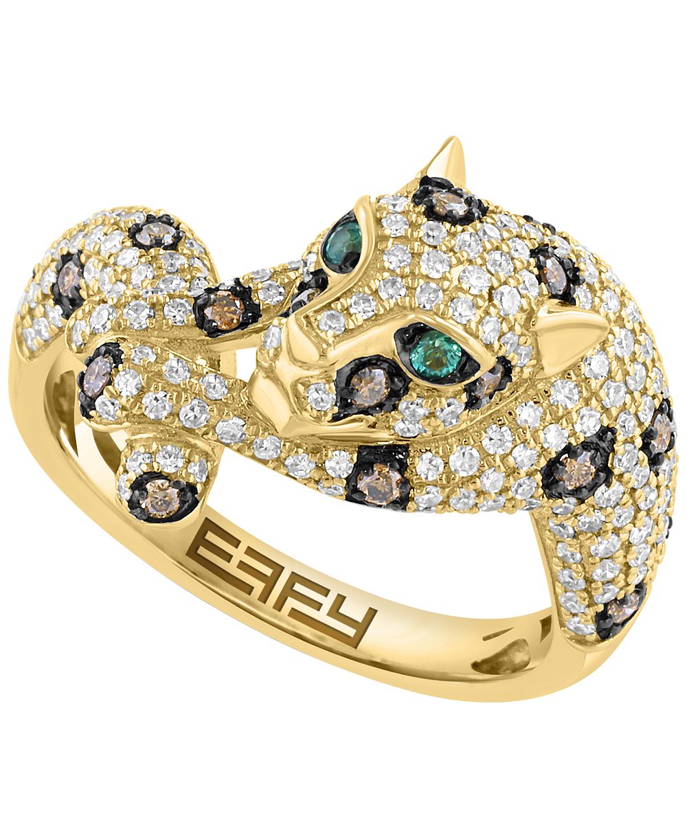 Кольцо с бриллиантами White Diamond (5/8 ct. t.w.), Espresso Diamond (1/5 ct. t.w.) и изумрудным акцентом, желтое золото 14k