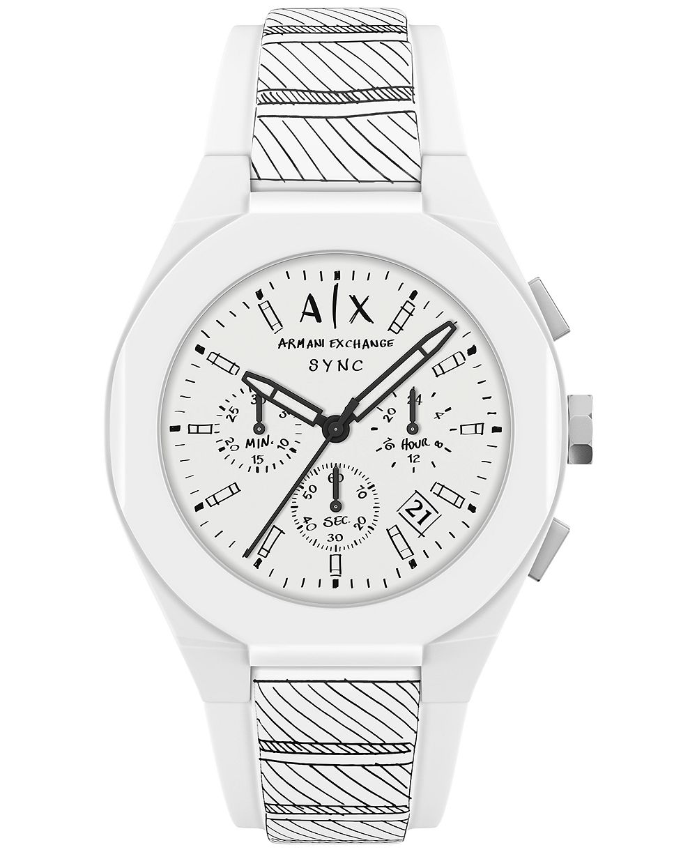 Мужские часы Armani Exchange Sync Quartz Chronograph с белым силиконовым ремешком, 44mm