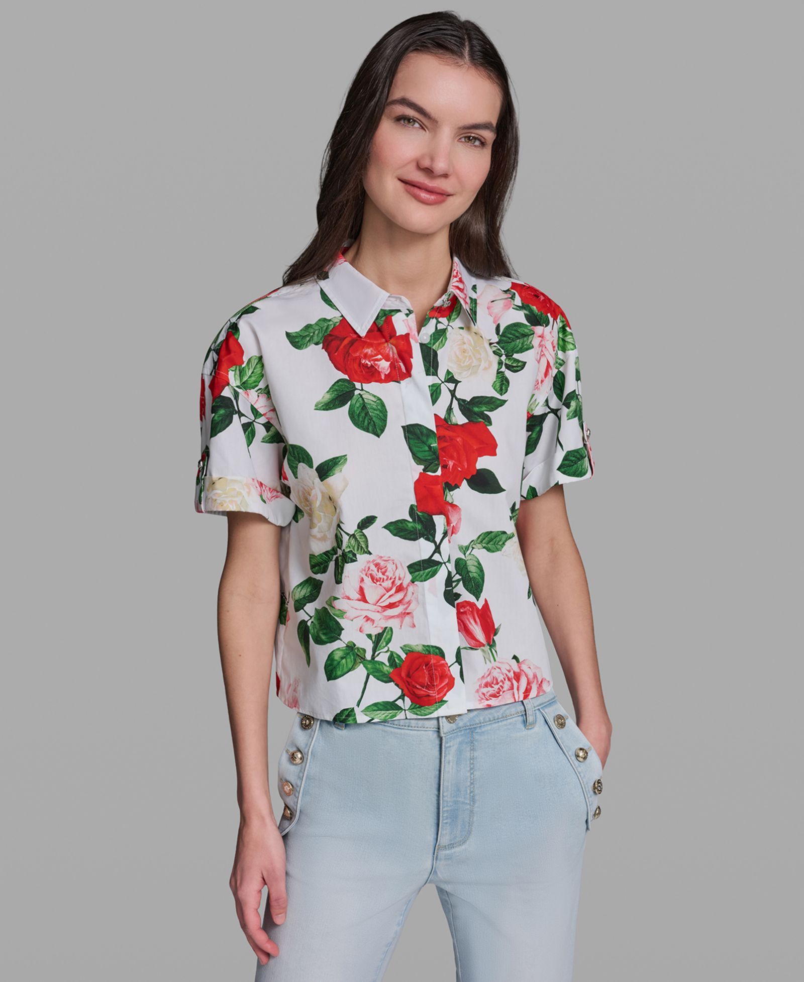 Женская рубашка KARL LAGERFELD PARIS Petite Printed Poplin Collared Camp Top