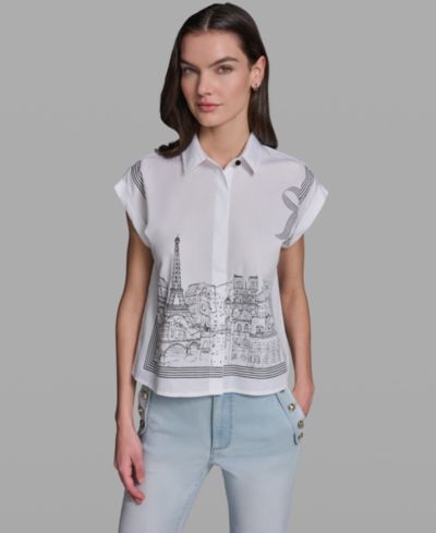 KARL LAGERFELD PARIS Petite Bow Scenic Poplin Collared Shirt