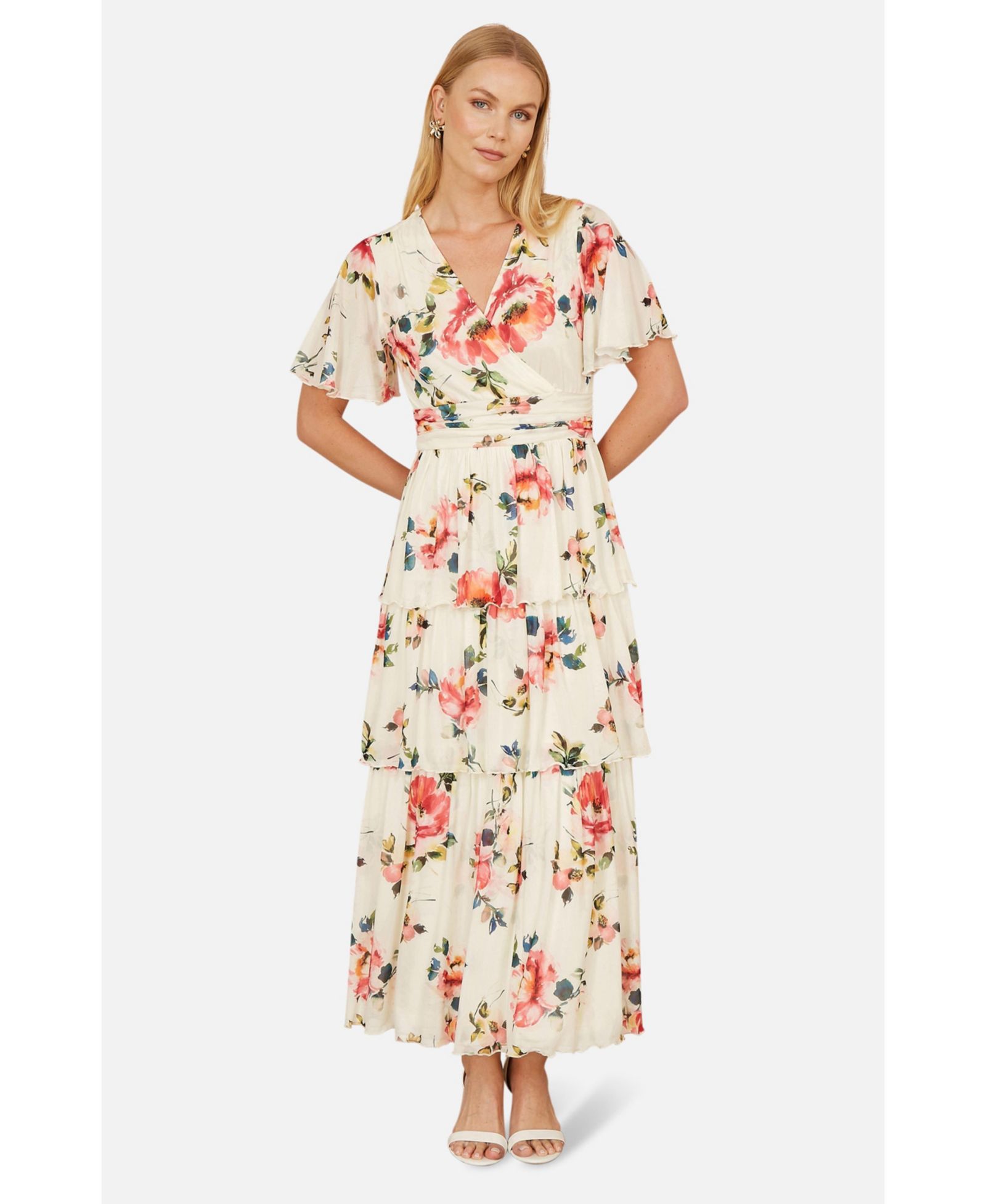 Yumi Women's Mesh V-Neck Tiered Maxi Dress