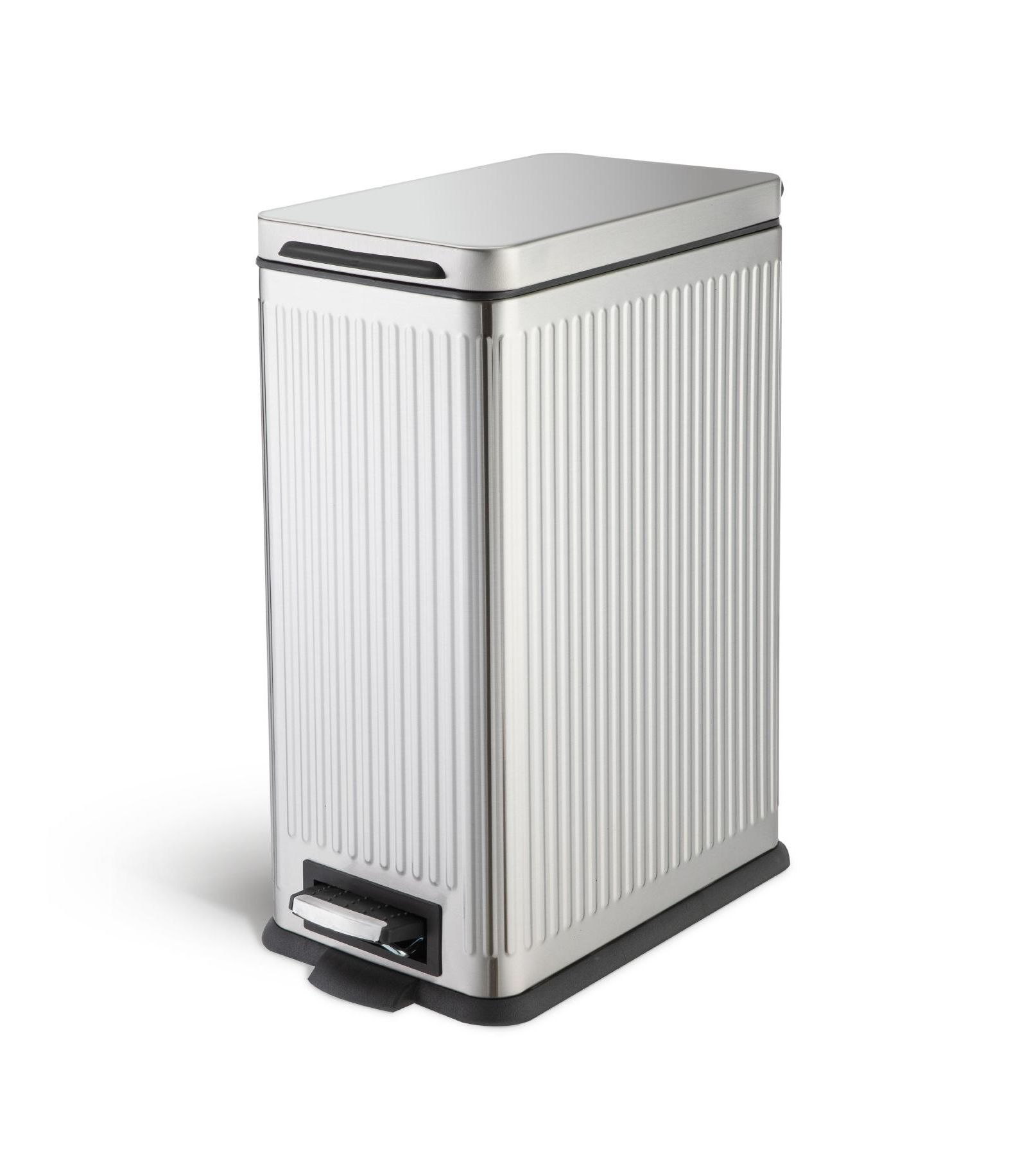 Home Zone Living 8 Gallon Slim Stainless Steel Kitchen Trash Can with Reeded Pattern, Step Pedal and Soft-Close Lid