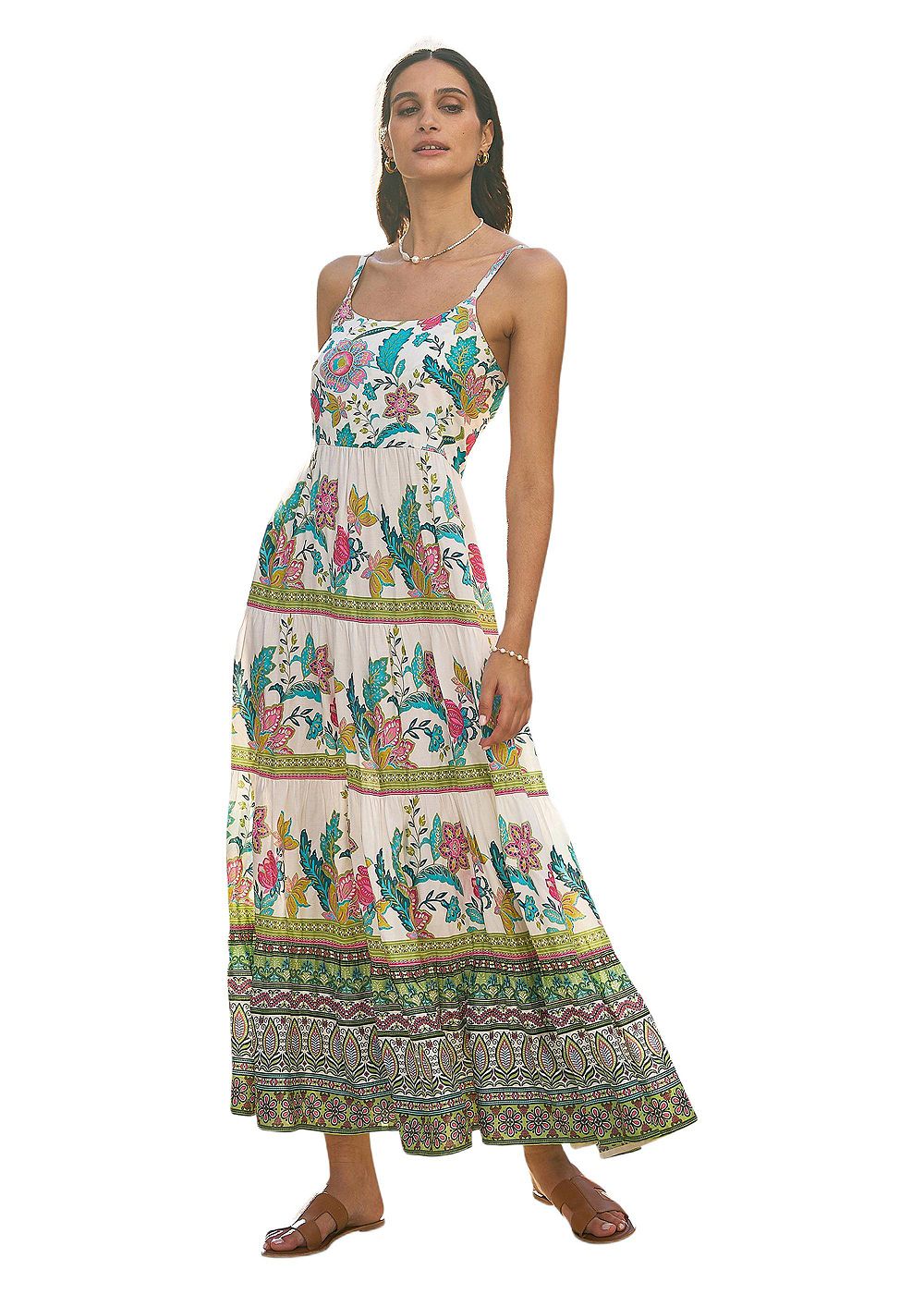 Yumi Women's Floral Block Print Tiered Maxi Sun Dress