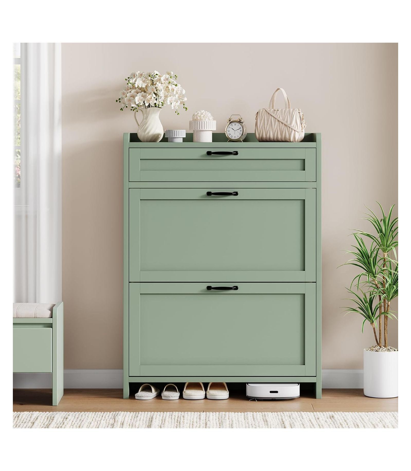 gaomon Shoe Cabinet with 2 Flip Drawers & 1 Top Drawer, High-Gloss Painted Wood Shoe Organizer with Adjustable Shelves