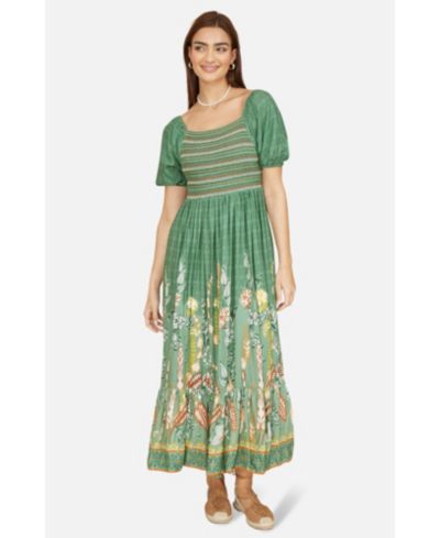 Yumi Women's Ruched Leaf Print Maxi Dress