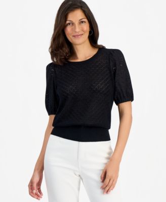 Style & Co Women's Mixed-Media Pointelle Short-Sleeve Sweater, Macy's Exclusive