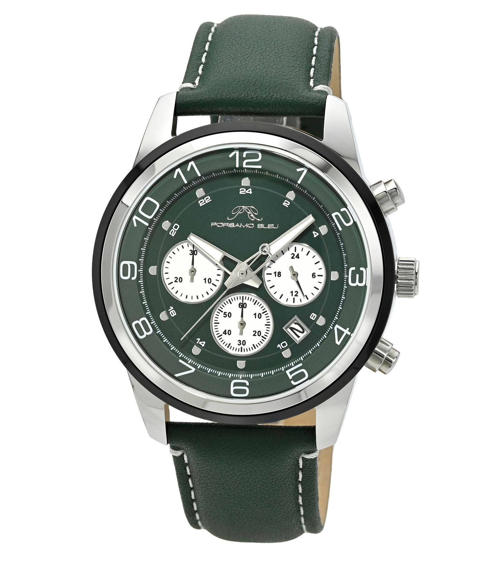 Мужские часы Porsamo Bleu Arthur Chronograph Green Genuine Leather Band 44 mm