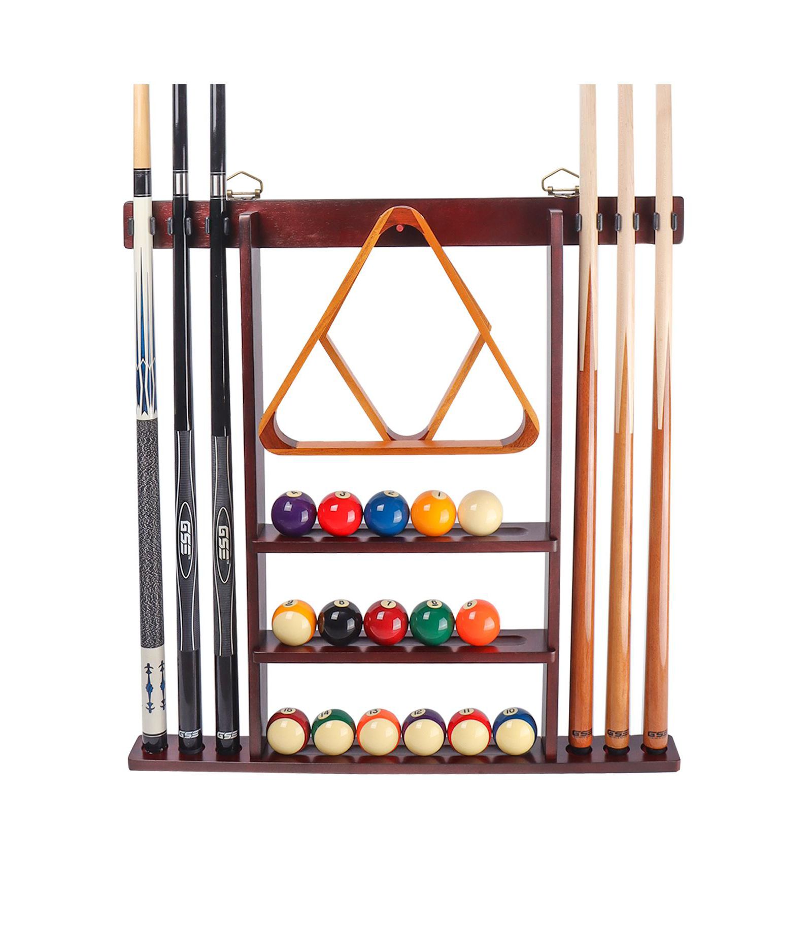 GSE Games & Sports Expert Wood Wall Mounted Pool Cue Rack with Metal Hook, 6 Cue