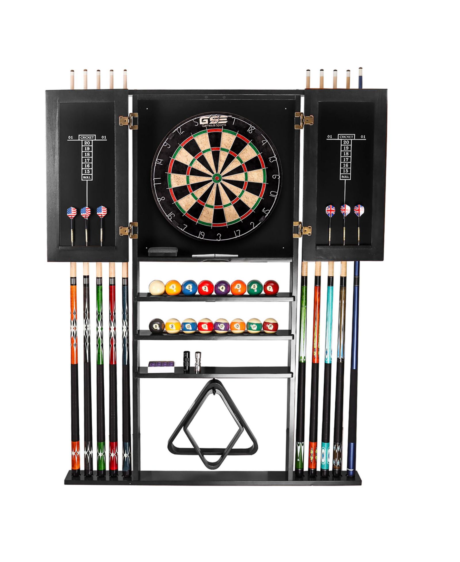 GSE Games & Sports Expert Wood 10 Billiard Pool Cue Rack & Dart Board Cabiner Combination Rack Only