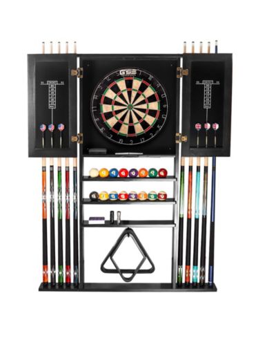 GSE Games & Sports Expert Wood 10 Billiard Pool Cue Rack & Dart Board Cabiner Combination Rack Only