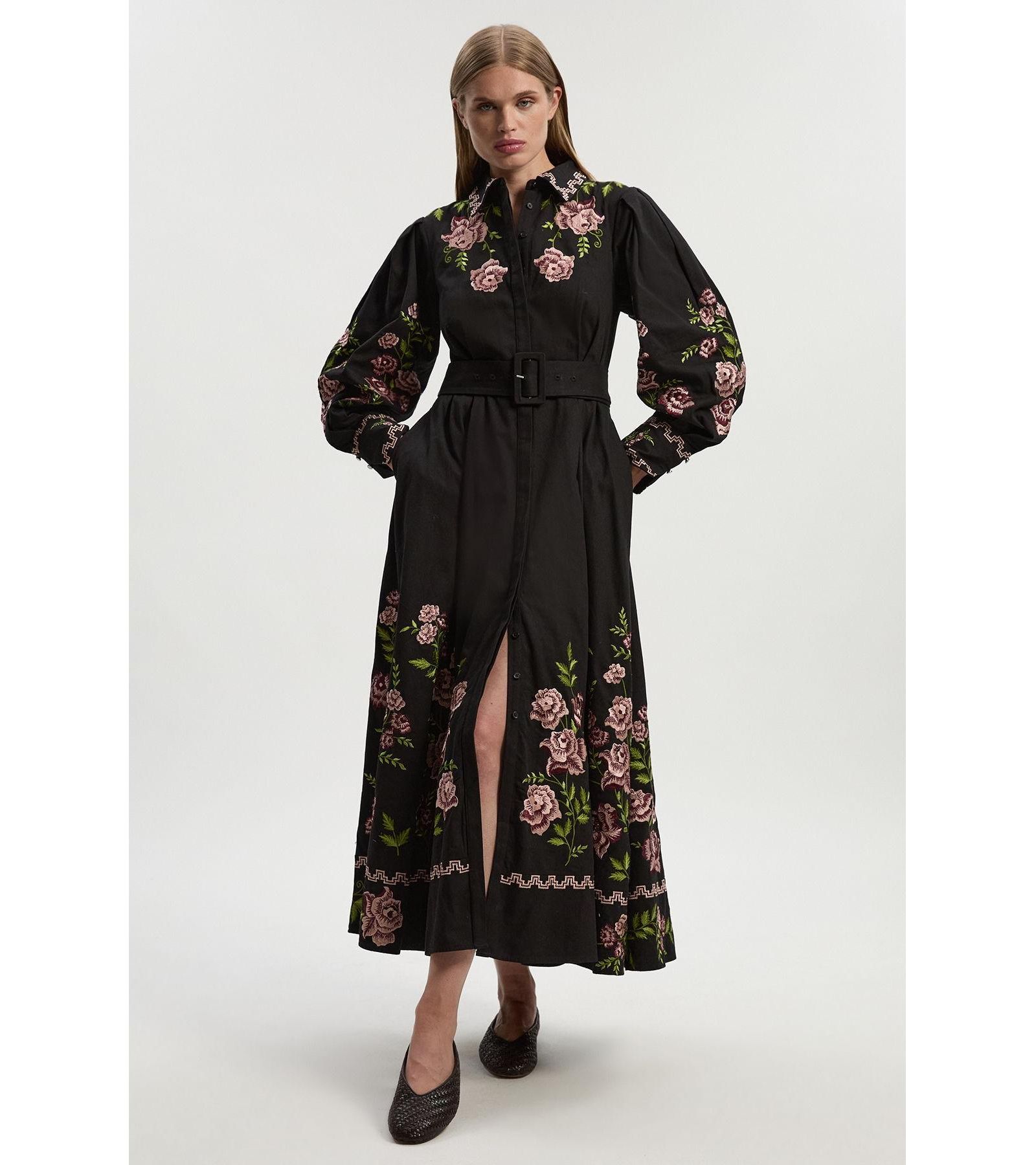 Женское хлопковое платье-рубашка Karen Millen с вышивкой роз