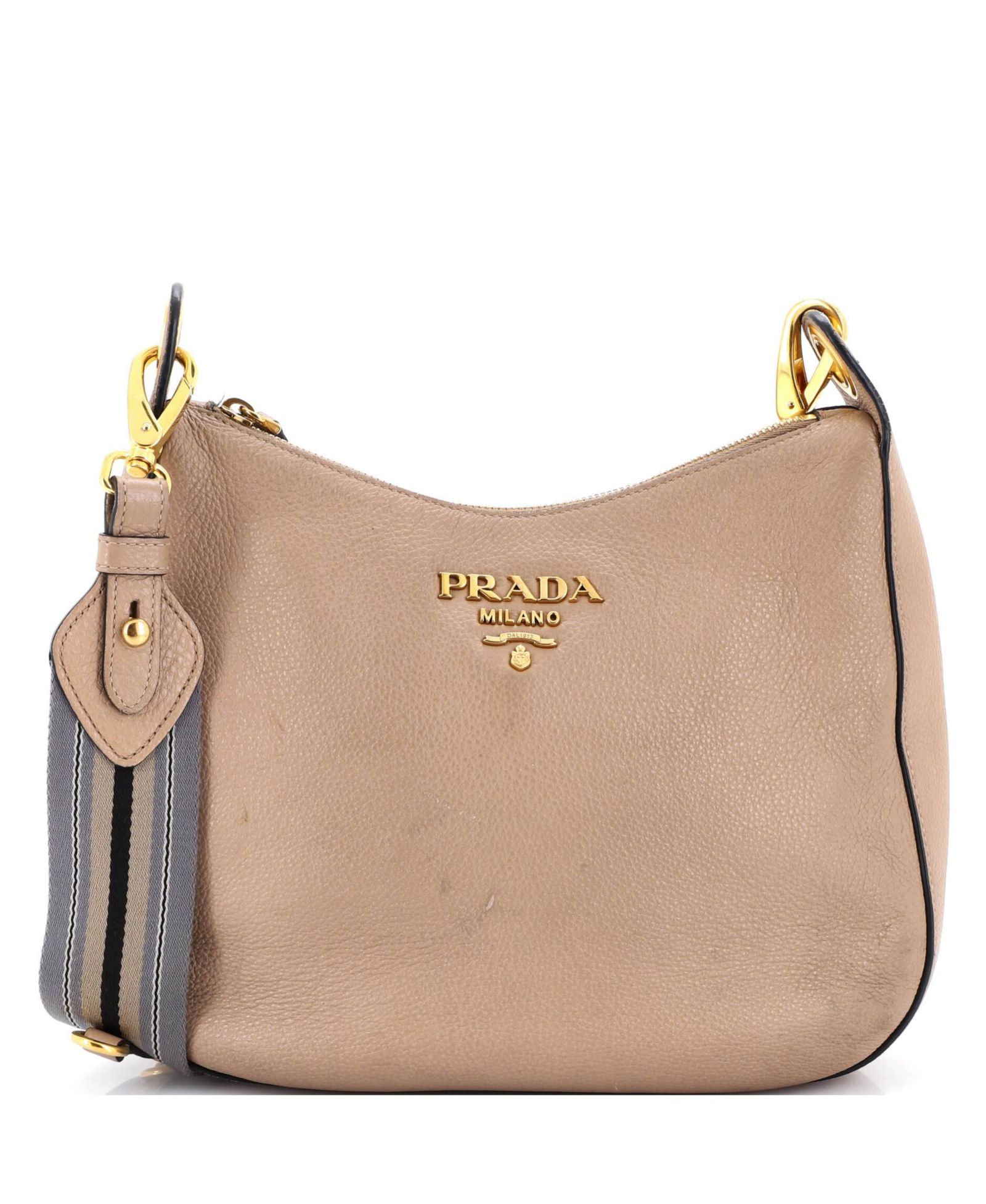 Pre-Owned Prada Medium Striped Strap Zip Hobo Vitello Daino