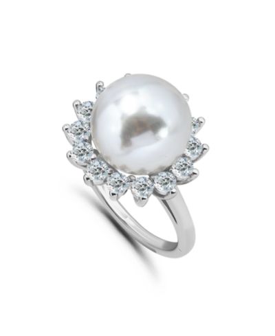 Macy's 1.0 Cttw 2mm Round Cubic Zirconia Halo 11mm Imitation Pearl on Polish Band Ring