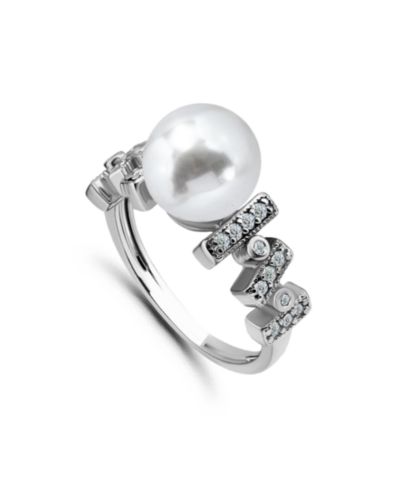 Macy's 1/4 Cttw Cubic Zirconia 10mm Imitation Pearl Bar Pattern on Sides- Polish Band Ring