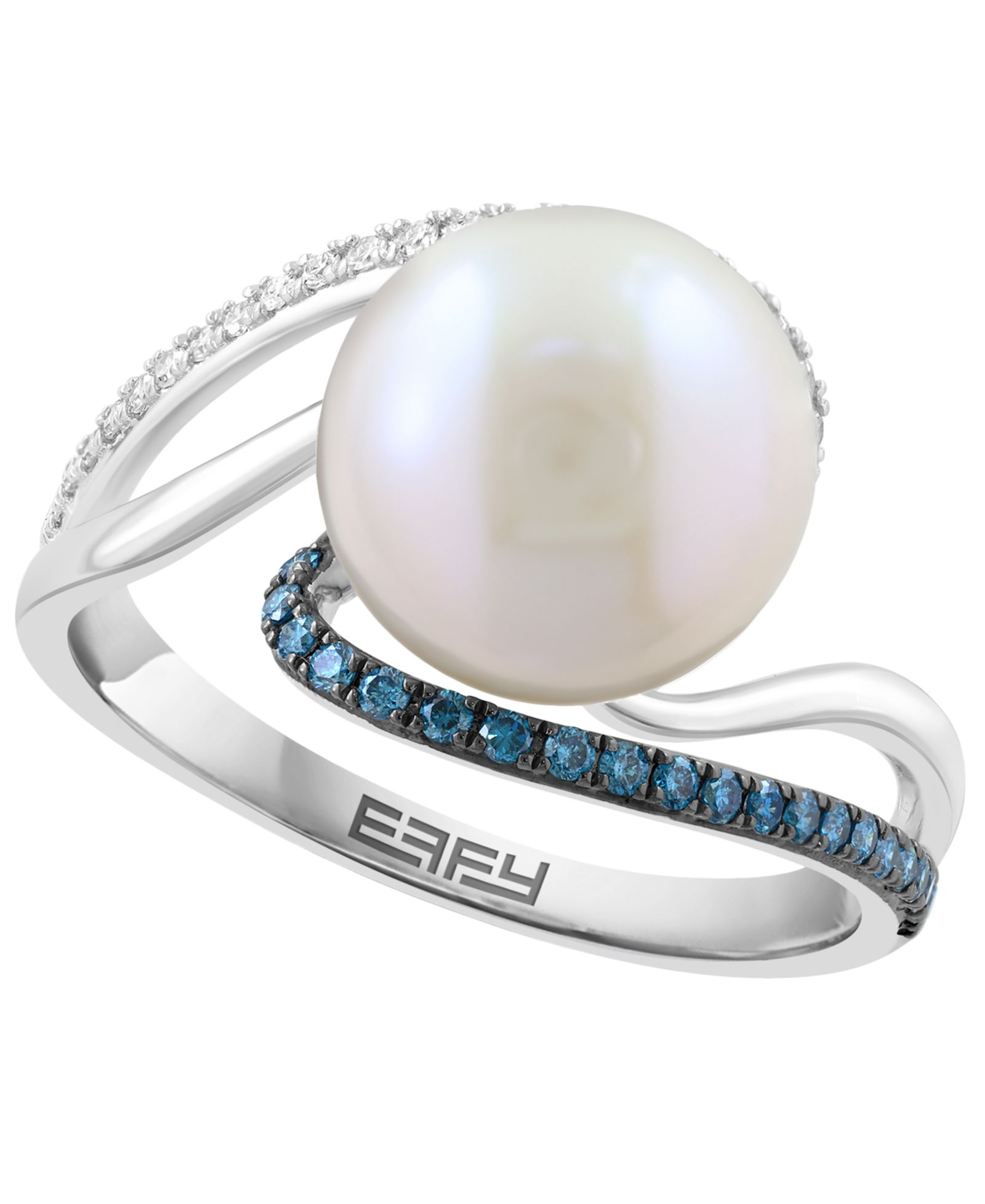 EFFY Collection Freshwater Pearl (10mm), White Diamond (1/10 ct. t.w.) and Blue Diamond (1/8 ct. t.w.) Ring in 14k White Gold