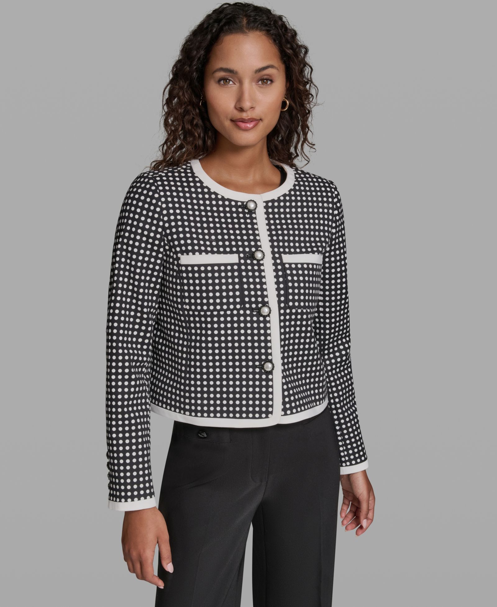 KARL LAGERFELD PARIS Women's Cotton-Blend Polka Dot Cropped Woven Jacket