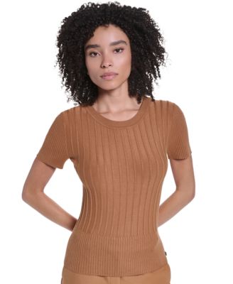 KARL LAGERFELD PARIS Women's Ribbed Short-Sleeve Crew Neck Sweater