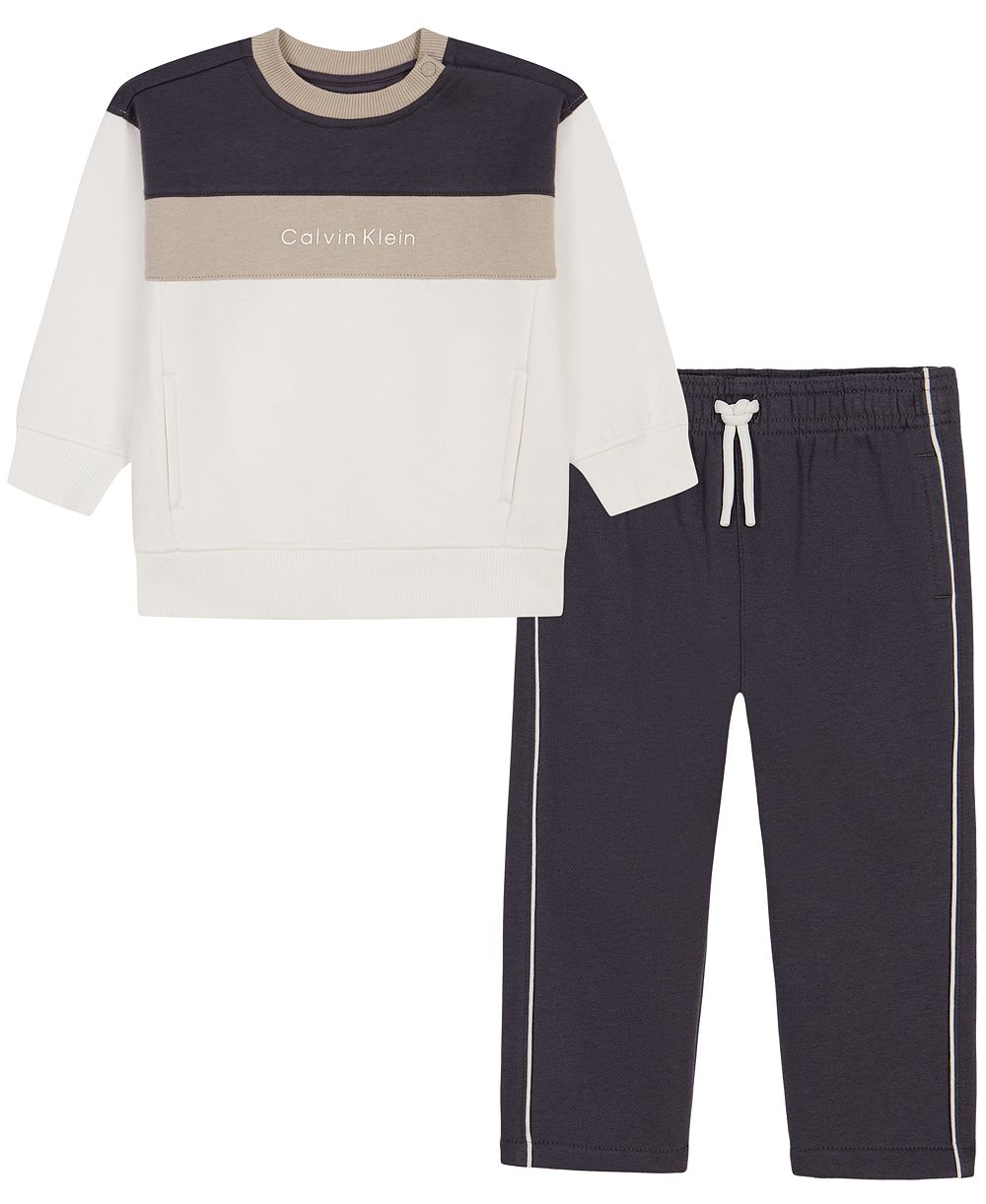 Calvin Klein Boys' 2T-7 Long Sleeve Colorblock Cotton-Blend Sweatshirt and Pants, 2-Piece Set