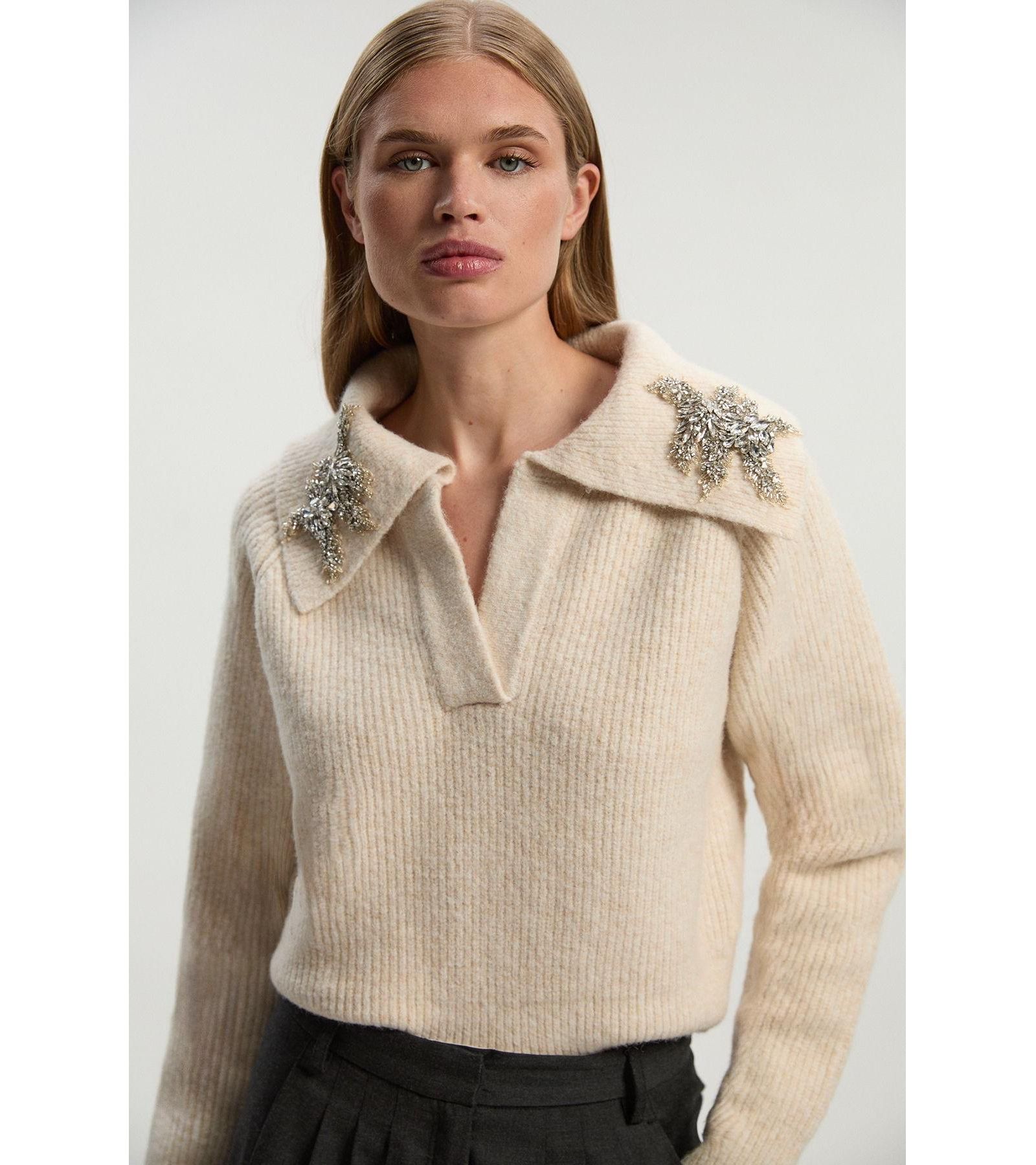 Karen Millen Women's Embellished Collar V Neck Knit Sweater