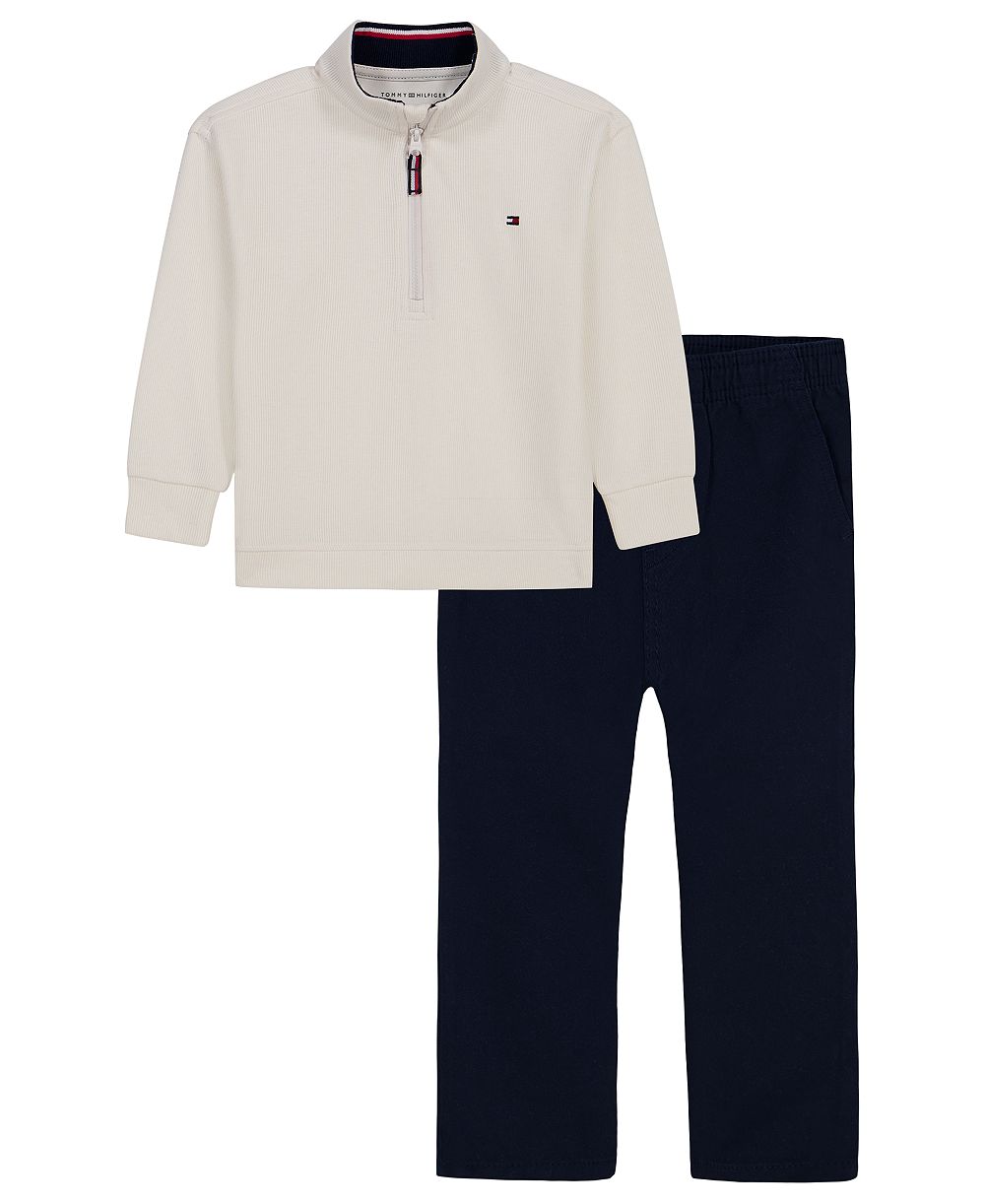 Tommy Hilfiger Toddler Boys' 2T-5T Quarter-Zip Long-Sleeve Cotton-Blend Top and Pants, 2-Piece Set