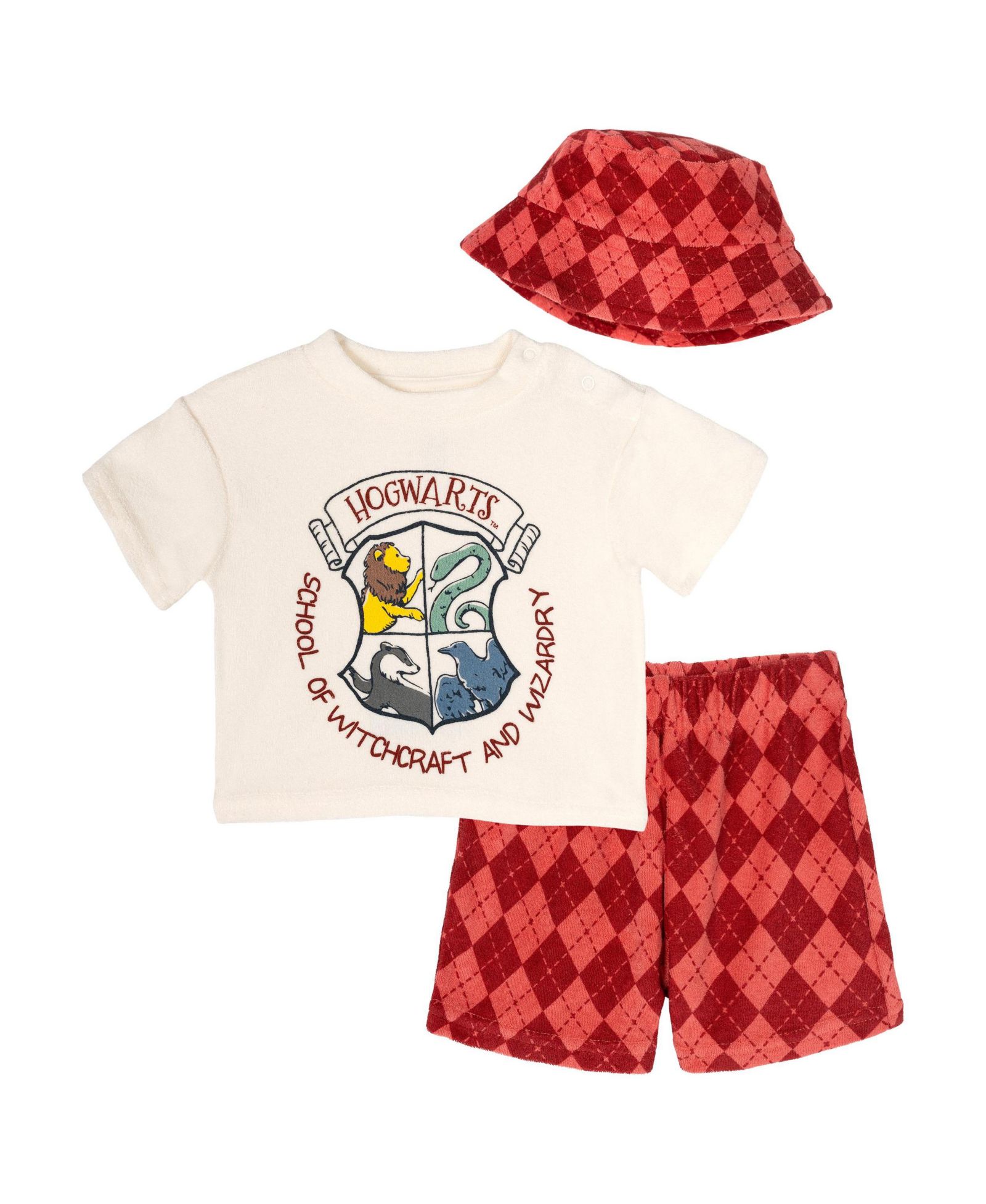 Harry Potter Baby Boys 3-Pc Hogwarts Crest Top, Argyle Shorts & Reversible Bucket Hat Set
