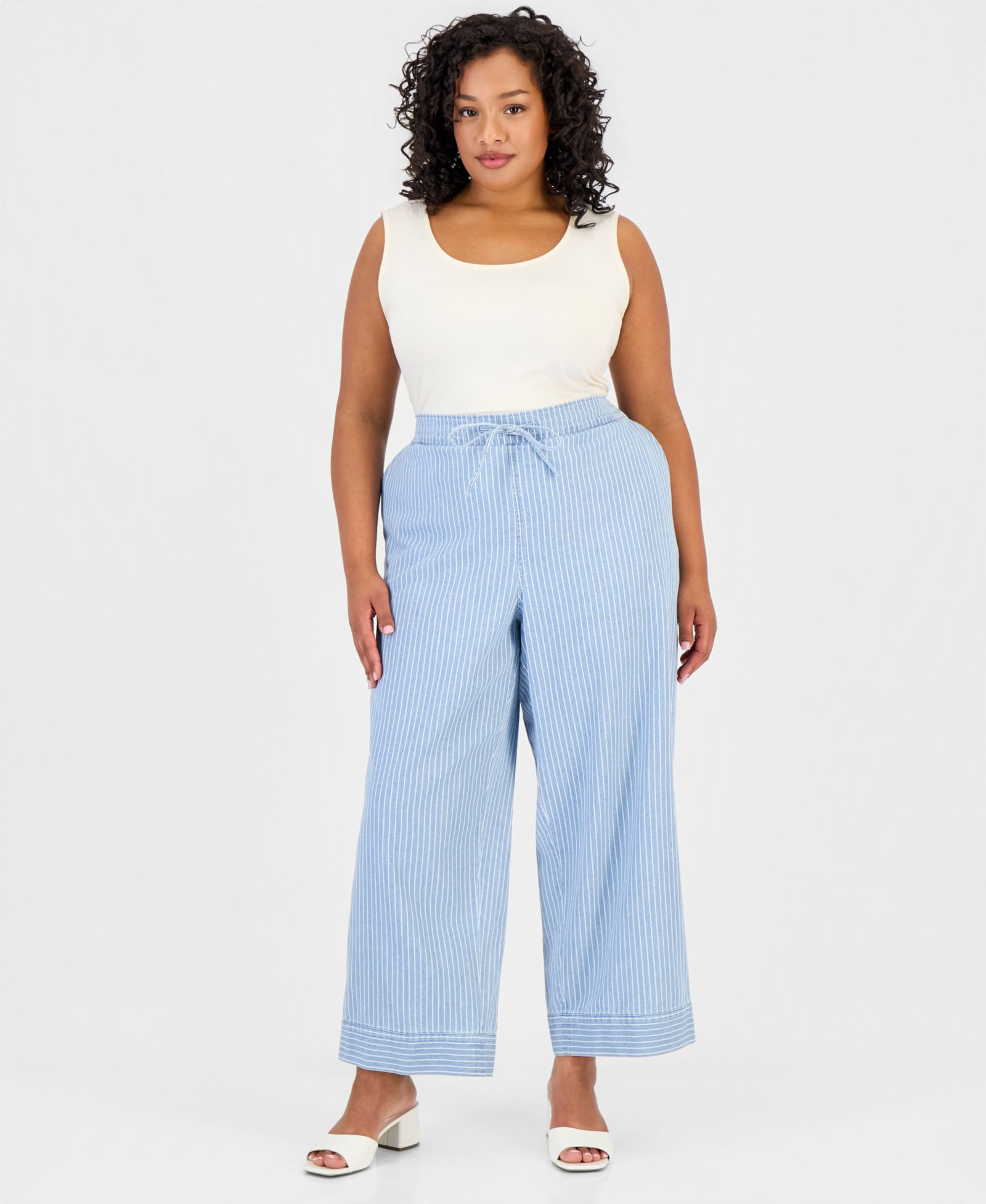 Jones New York Plus Size Cotton Drawstring Pinstriped Pants