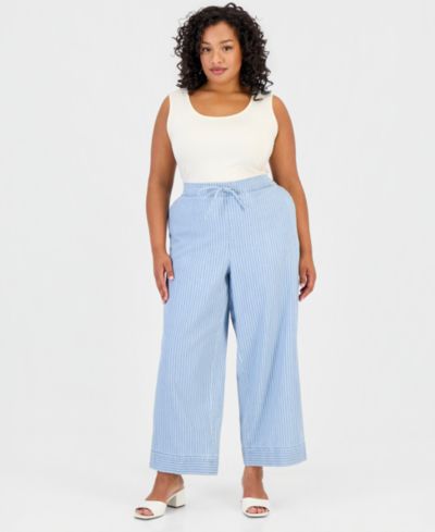 Jones New York Plus Size Cotton Drawstring Pinstriped Pants