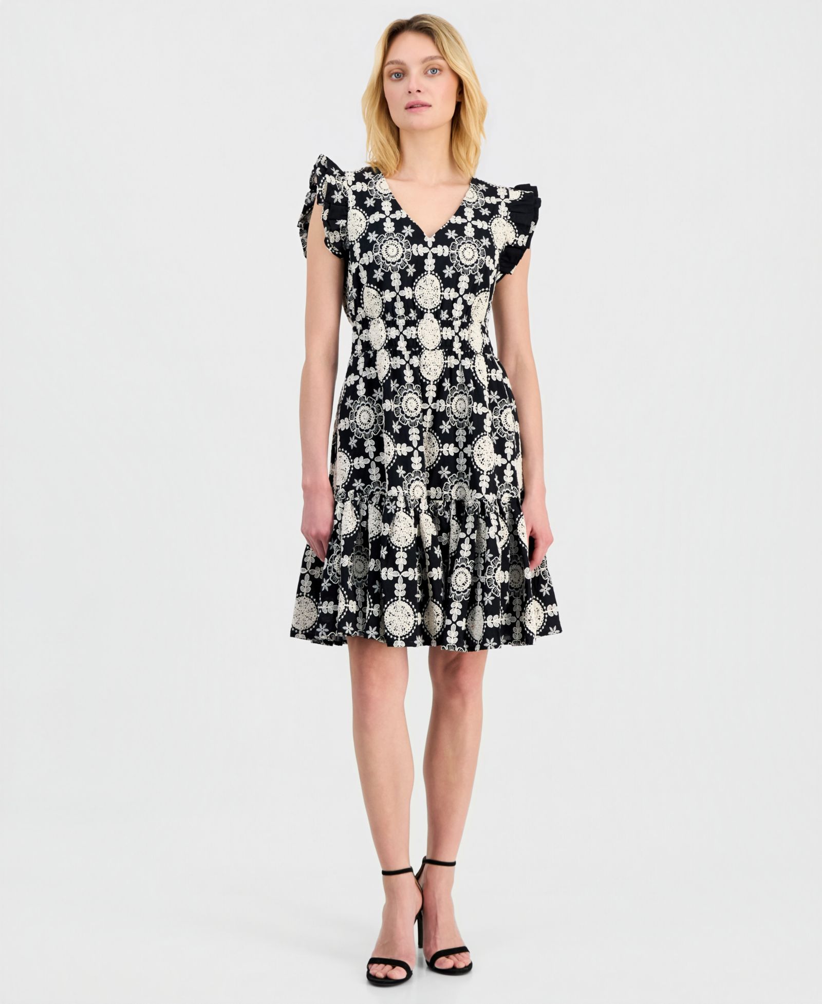 Anne Klein Petite V-Neck Ruffle-Sleeve Embroidered Short Dress